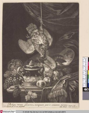 [Stillleben mit Rebhühnern; Partridges suspended above a still-life before a curtain]