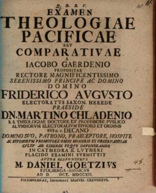 Examen Theologiae Pacificae Sev Comparativae A Iacobo Gaerdenio Propositae
