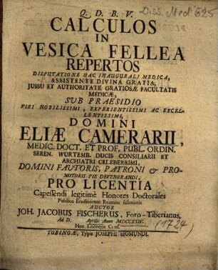 Calculos In Vesica Fellea Repertos Disputatione Hac Inaugurali Medica