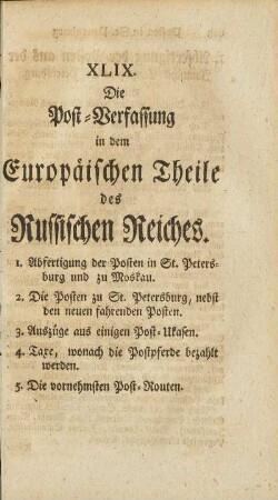 XLIX. Die Post-Verfassung in dem Europäischen Theile des Russischen Reiches.