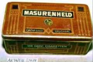 Blechdose für "100 CAOVI CIGARETTEN 'MASURENHELD', CAOVI G.m.b.H. BRUCHSAL"