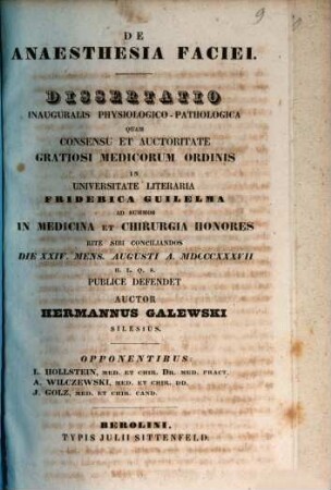 De anaesthesia faciei : Diss. inaug. physiolog.-pathol.