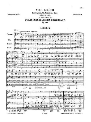 Felix Mendelssohn-Bartholdys Werke, 16,129. Nr. 129, Vier Lieder : op. 100. - 6 S. - Pl.-Nr. M.B.129