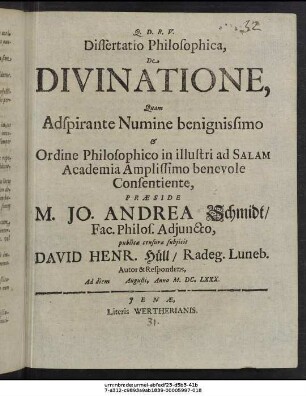 Dissertatio Philosophica, De Divinatione