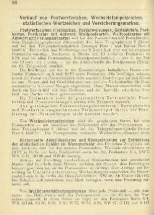 Verkauf von Postwertzeichen, Wechselstempelzeichen, statistischen Wertzeichen und Versicherungsmarken