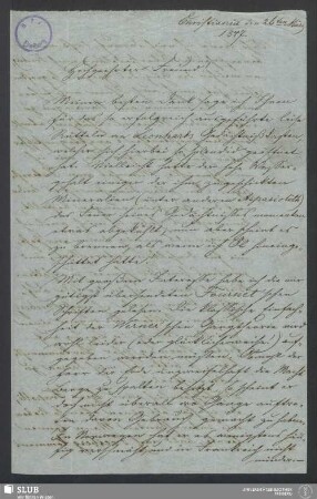 Ein Brief von Th. Scheerer an Sr. Wohlgebornen Herrn Professor Cotta - XVII 696 8. : vom 26. März 1847