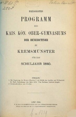 Programm des Obergymnasiums der Benediktiner zu Kremsmünster. 1879/80 = 30