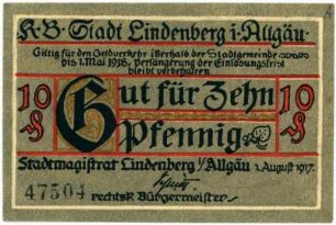 Geldschein / Notgeld, 10 Pfennig, 1.8.1917