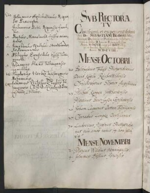 Winterhalbjahr 1607/1608. Rektorat Sebastian Bloss