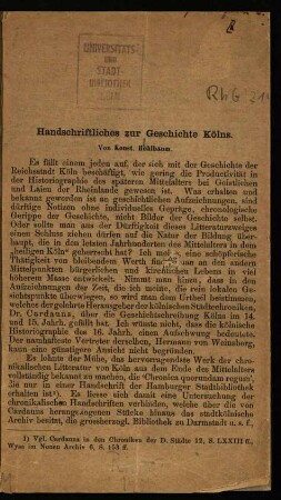 Handschriftliches zur Geschichte Kölns