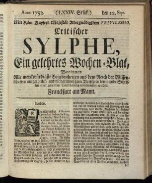 (LXXIV. Stück.) den 12. Sept. Anno 1752.
