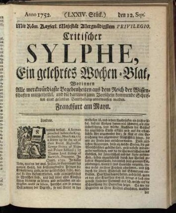 (LXXIV. Stück.) den 12. Sept. Anno 1752.