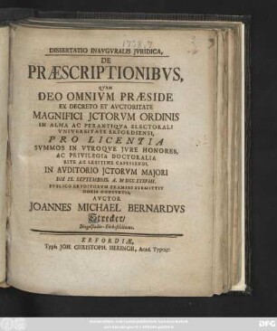 Dissertatio Inavgvralis Jvridica, De Præscriptionibvs