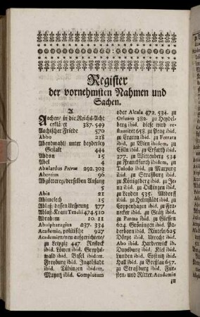 Register der vornehmsten Nahmen und Sachen.