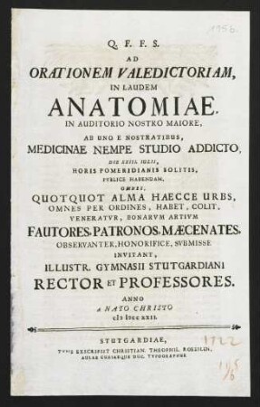Ad Orationem valedictoriam In Laudem Anatomiae, In Auditorio Nostro Maiore...