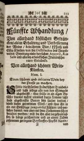 Fünffte Abhandlung. Von allerhand köstlichen Geträncken/ ...