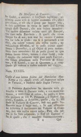 Num. XXXIII. Copia d'una lettera scritta dal Mandarino Hen-Kama a 13. Agosto 1706. all' Imperatore restato in Tartaria, ...