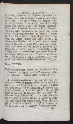 Num. XXXIII. Copia d'una lettera scritta dal Mandarino Hen-Kama a 13. Agosto 1706. all' Imperatore restato in Tartaria, ...