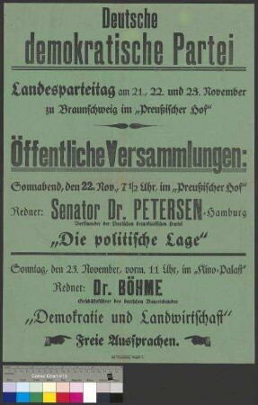 Werbeplakat zum Landesparteitag der DDP vom 21. bis 23. November 1924 in Braunschweig