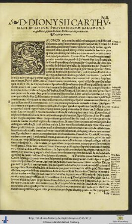 D. Dionysii Carthusiani In LIbrum Proverbiorum Salomonis regis Israel enarratio