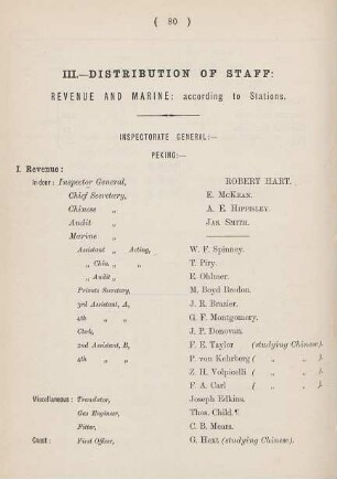 III. - Distribution of staff: Revenue and Marine: according to Stations