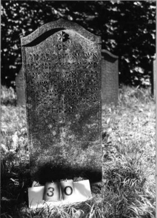 Grabstein 30 (Index: 99796327) Material: Sandstein Zustand: leicht verwittert Maße HxBxT: 100x41x10 cm Beschreibung: Stele, Konvexbogenabschluß mit Verdachung Symbolik: Blüte: Grabstein 30