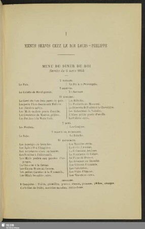 I. Menus servis chez le Roi Louis-Philippe