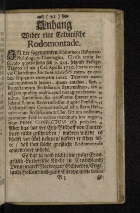 Anhang Wider eine Calvinische Rodomontade.