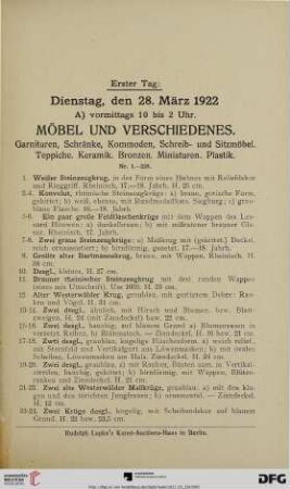 A) vormittags 10 bis 2 Uhr: Möbel und Verschiedenes (Nr. 1-228)