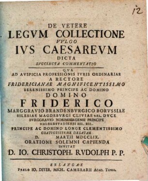 De vetere legum collectione, vulgo Ius caesareum dicta, succincta commentatio