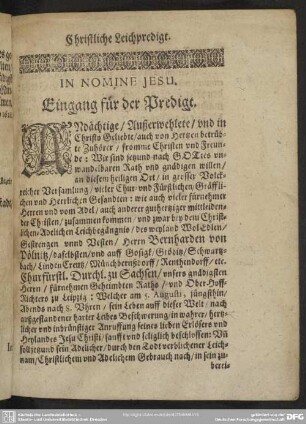 Leichenpredigt : Christliche Leichpredigt. Eingang für der Predigt. Leichen-Text. Außlegung