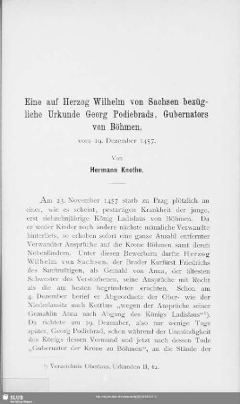 Eine auf Herzog Wilhelm von Sachsen bezügliche Urkunde Georg Podiebrads, Gubernators von Böhmen, vom 19. Dezember 1457