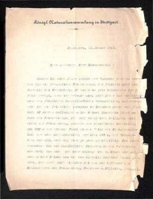 Brief von Lampert (Königliche Naturaliensammlung Stuttgart)