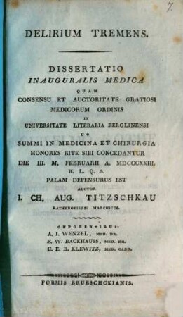 Delirium tremens : diss. inaug. med.