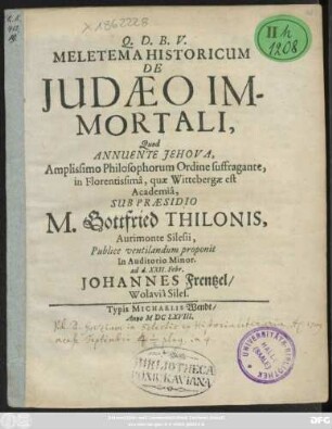 Meletema Historicum De Judaeo Immortali