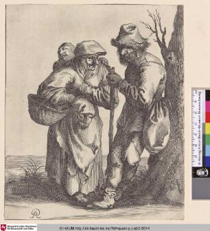 [Ein Bettler mit Krücke und eine Bettlerin mit einem Kind auf dem Rücken; A male beggar with a crutch leaning against a tree at right, a woman standing next to him, carrying a child on her back and a basket in her hand]