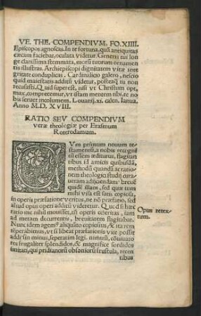 Ratio Seu Compendium verae theologiae per Erasmum Roterodamum.