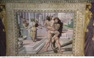 Aufwendige Scheinarchitektur mit Szenen aus der Geschichte des Herkules, Herkules und Antaeus