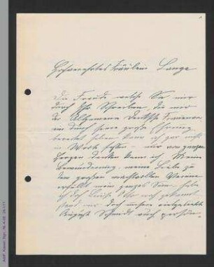 Brief von Pauline Bohn an Helene Lange