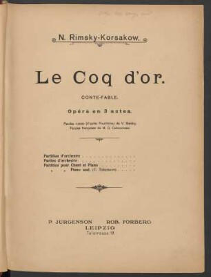Le coq d'or : conte-fable ; opéra en 3 actes