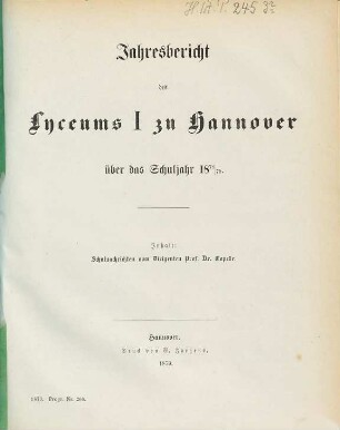 Jahresbericht des Lyceums 1 zu Hannover : über d. Schuljahr .., 1878/79