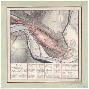 Grundriss der Stadt Rochlitz, ca. 1:3 000, Handzeichnung, 1799 : Grundriß der im Leipziger Creise liegenden Altschriftsäßigen Stadt Rochlitz / aufgenommen und gezeichnet von dem Ingenieurs Unter-Officier Christian August Günther, im Jahr 1799. - [Ca. 1:3 000]. - [S.l.] , 1799. - 1 Kt. : mehrfarb. , 45 x 35 cm