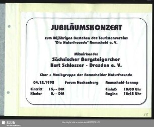 Jubiläumskonzert zum 80jährigen Bestehen des Touristenvereins "Die Naturfreunde" Remscheid e. V.