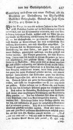 Sammlung verbesserter und neuer Gesänge, als ein Vorschlag zur Verbesserung des Markgräflich Badischen Gesangbuchs.