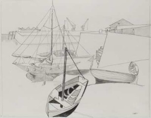 Boote im Hafen vor Kränen