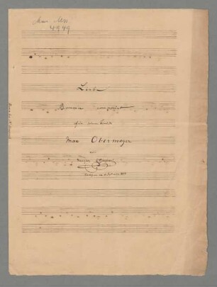 Liebe, V, pf, G-Dur - BSB Mus.ms. 4949 : [title page:] Liebe // Romance componirt // für seinen Freund // Max Obermayer // von // Jacques Offenbach // Cologne 11 September 1843