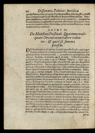 Caput II. De Majestate Personali. Quatenus ea aliquam Divinitatem habere videatur: & quod sit summa potestas.