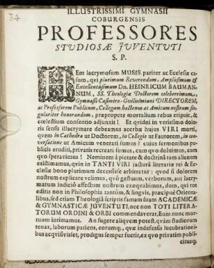 Illustrissimi Gymnasii Coburgensis Professores Studiosæ Juventuti S. P.
