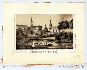 Der Zwingerteich in Dresden, im Hintergrund die erste Semperoper (Hoftheater), die Katholische Hofkirche (Kathedrale), die Türme der Frauenkirche und des Schlosses sowie die Sempergalerie
