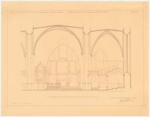 Stadtkirche (Marienkirche), Wittenberg Denkmalpflege - Bauaufnahme: Wiederherstellung des Äußeren und Umgestaltung des Inneren: Querschnitt Richtung Osten (zum Altar) 1:50, Maßstabsleiste